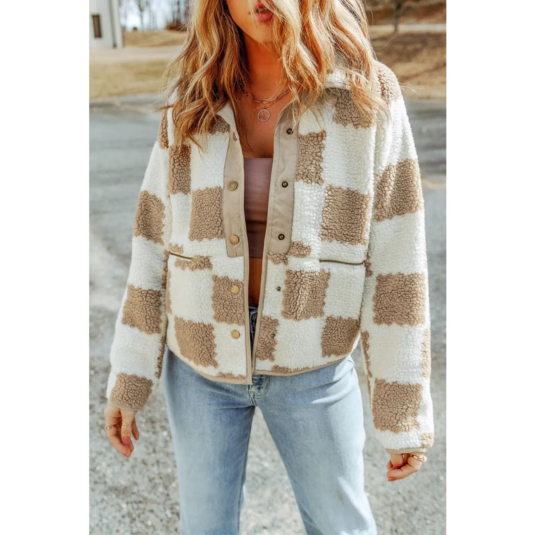 Brown Checked Snap Button Sherpa Jacket | Fashionfitz