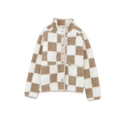 Brown Checked Snap Button Sherpa Jacket | Fashionfitz