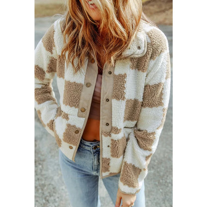 Brown Checked Snap Button Sherpa Jacket | Fashionfitz