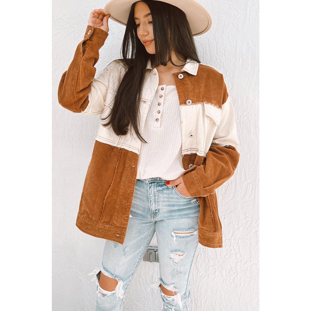 Brown Colorblock Flap Pocket Raw Edge Buttoned Jacket | DropshipClothes
