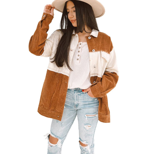 Brown Colorblock Flap Pocket Raw Edge Buttoned Jacket | DropshipClothes