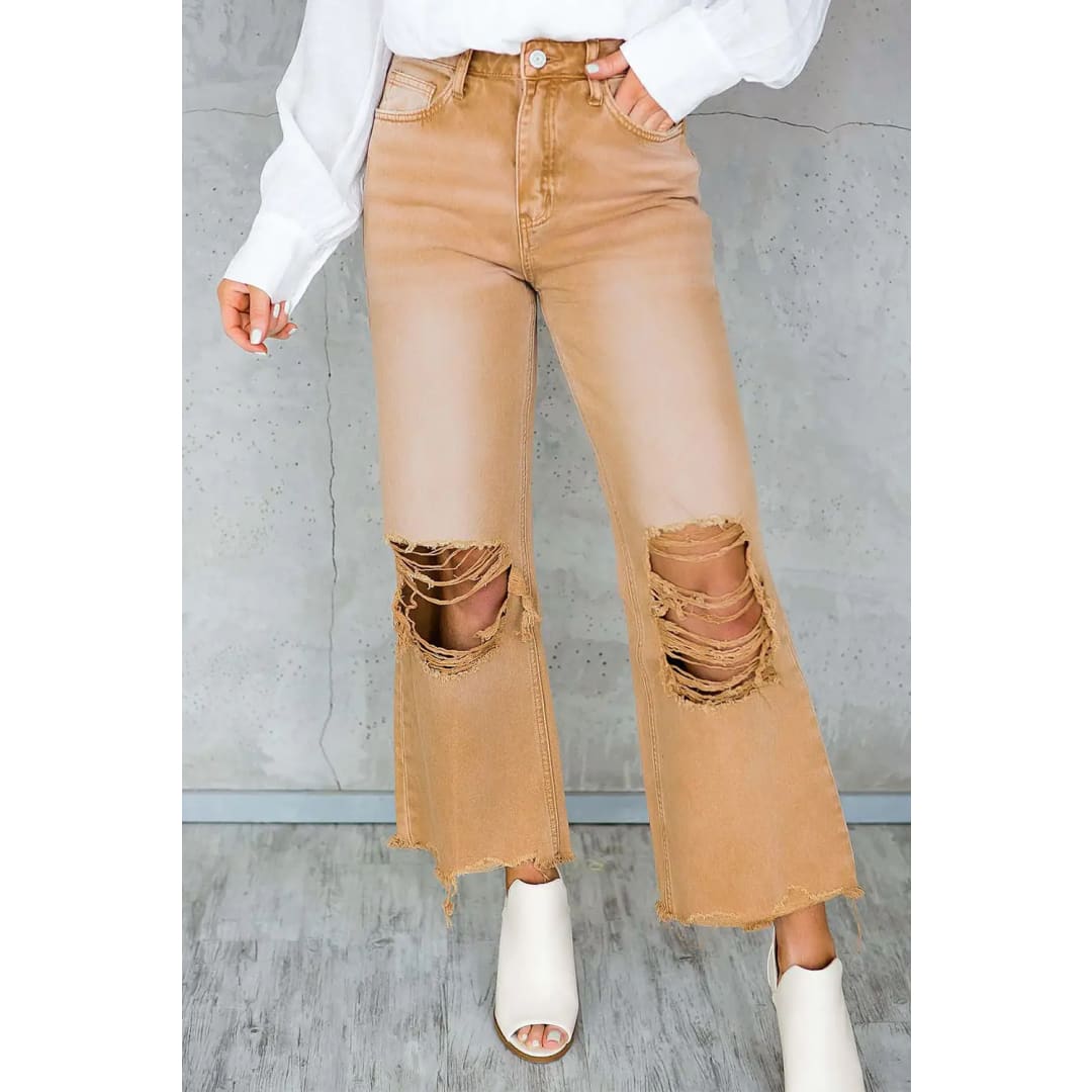 Brown Distressed Hollow-out High Waist Cropped Flare Jeans | Fashionfitz