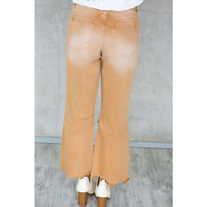 Brown Distressed Hollow-out High Waist Cropped Flare Jeans | Fashionfitz