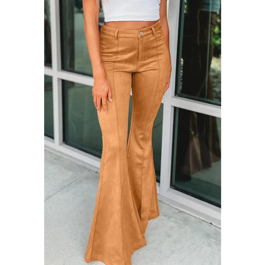 Brown Exposed Seam Flare Suede Pants with Pockets | Fashionfitz