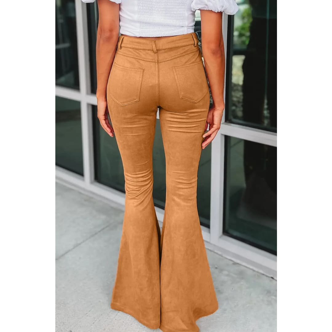 Brown Exposed Seam Flare Suede Pants with Pockets | Fashionfitz