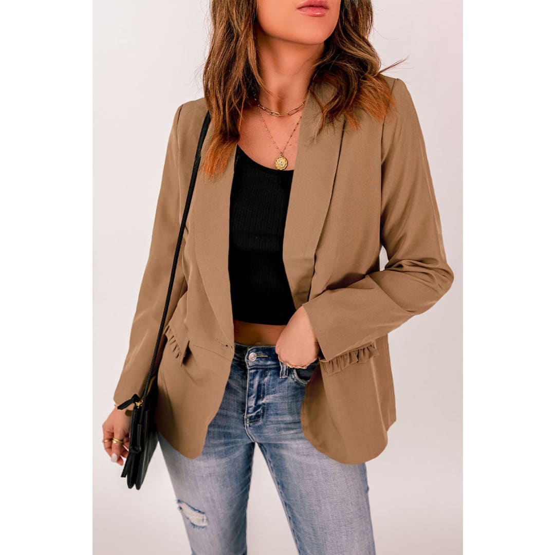 Brown Lapel Collar Button Pocket Blazer | DropshipClothes