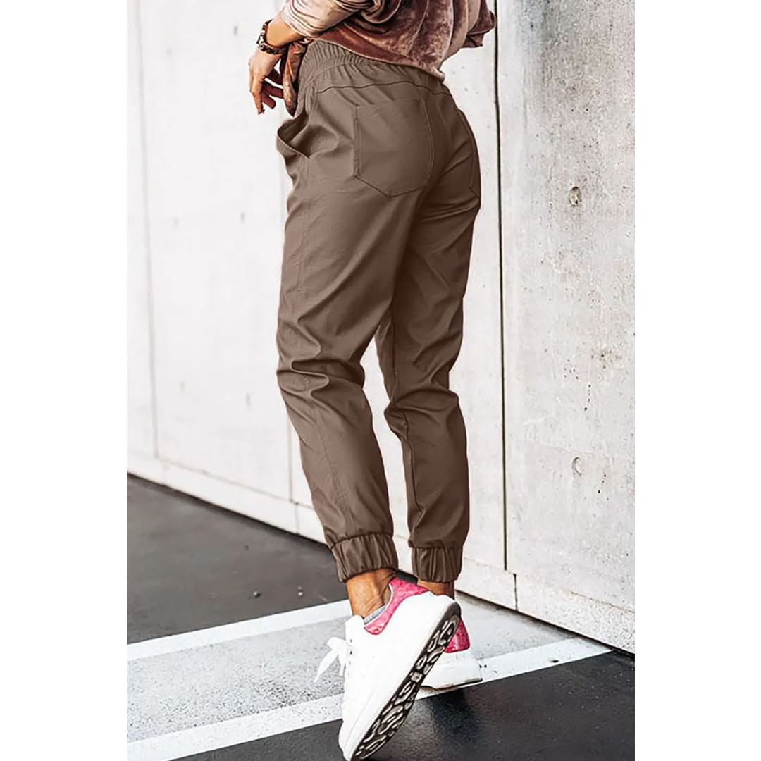 Brown Leather Tie Waist Jogger Pants | Fashionfitz