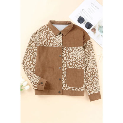 Brown Leopard Print Corduroy Long Sleeve Jacket | Fashionfitz