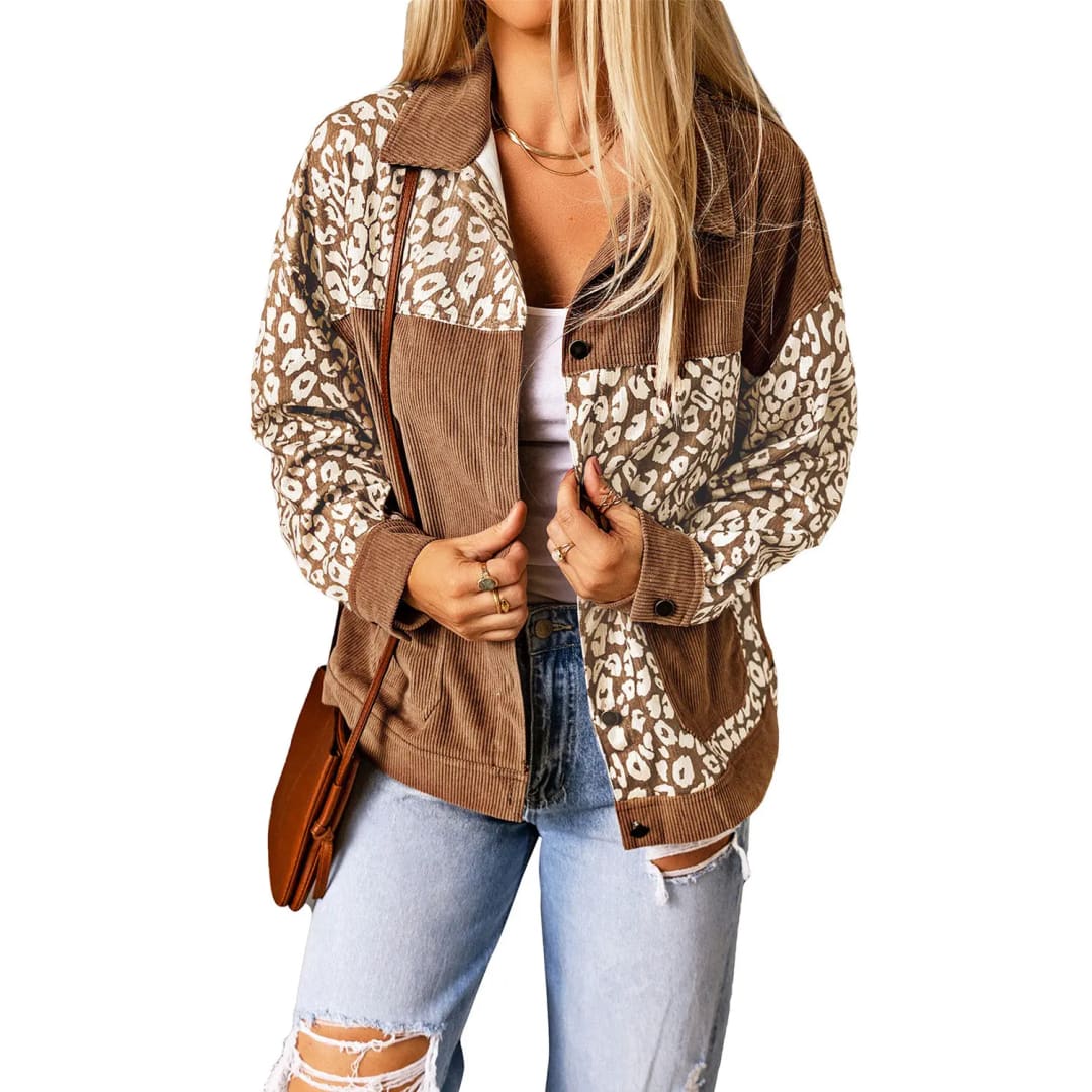 Brown Leopard Print Corduroy Long Sleeve Jacket | Fashionfitz