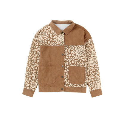 Brown Leopard Print Corduroy Long Sleeve Jacket | Fashionfitz