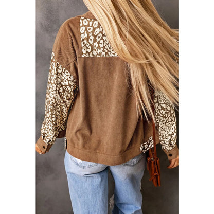 Brown Leopard Print Corduroy Long Sleeve Jacket | Fashionfitz