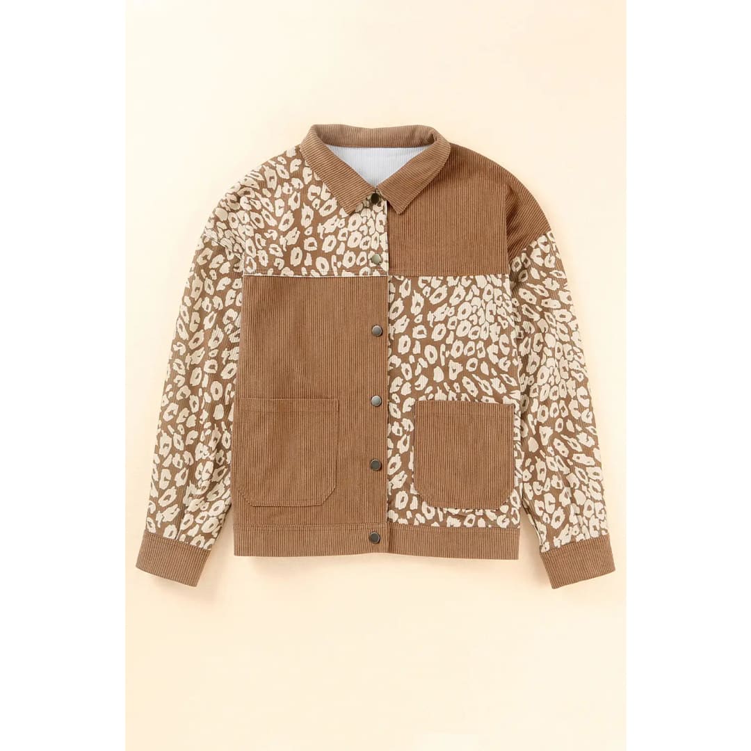 Brown Leopard Print Corduroy Long Sleeve Jacket | Fashionfitz