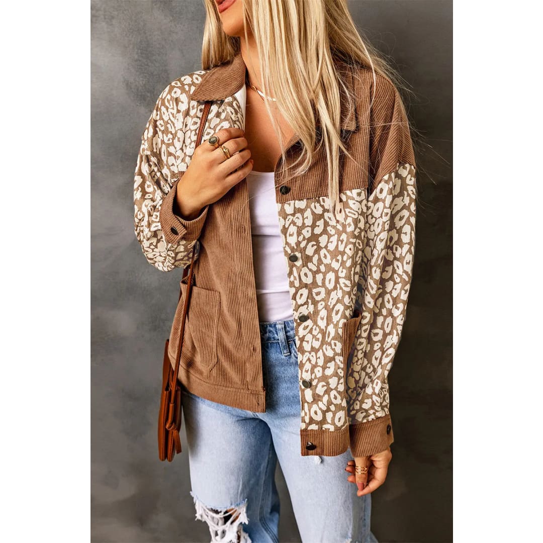 Brown Leopard Print Corduroy Long Sleeve Jacket | Fashionfitz