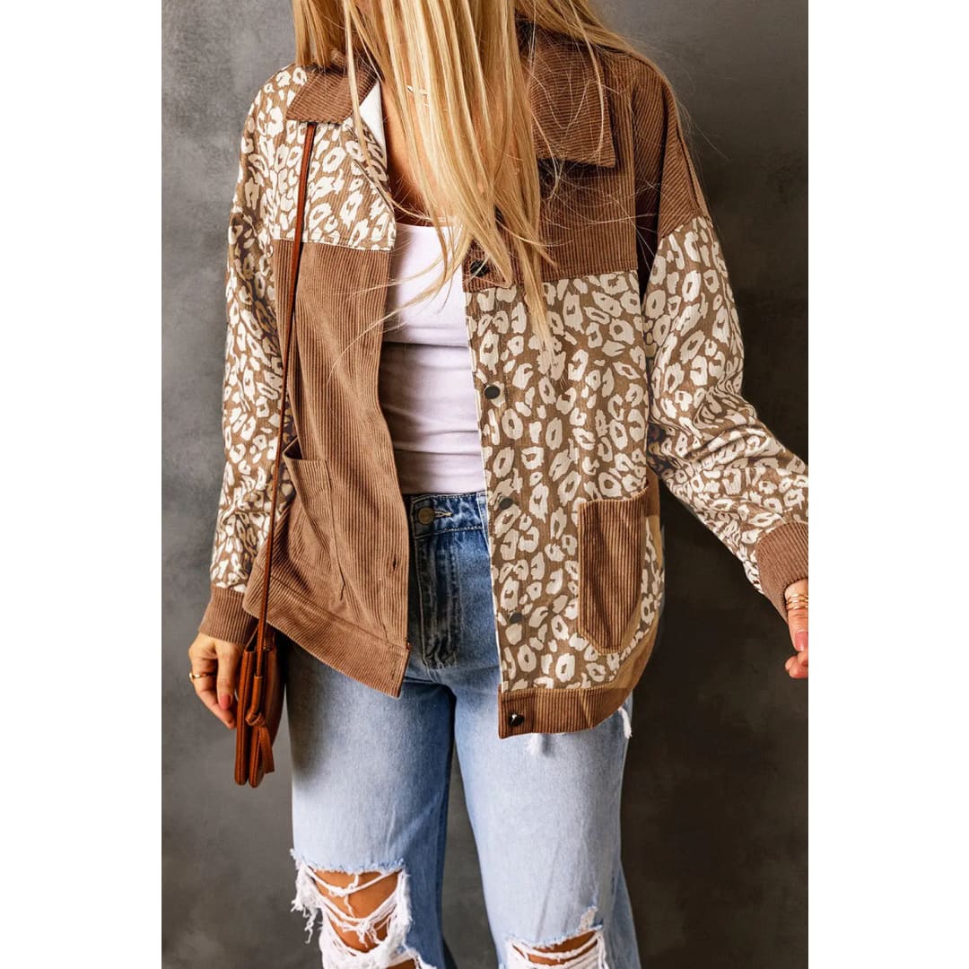 Brown Leopard Print Corduroy Long Sleeve Jacket | Fashionfitz