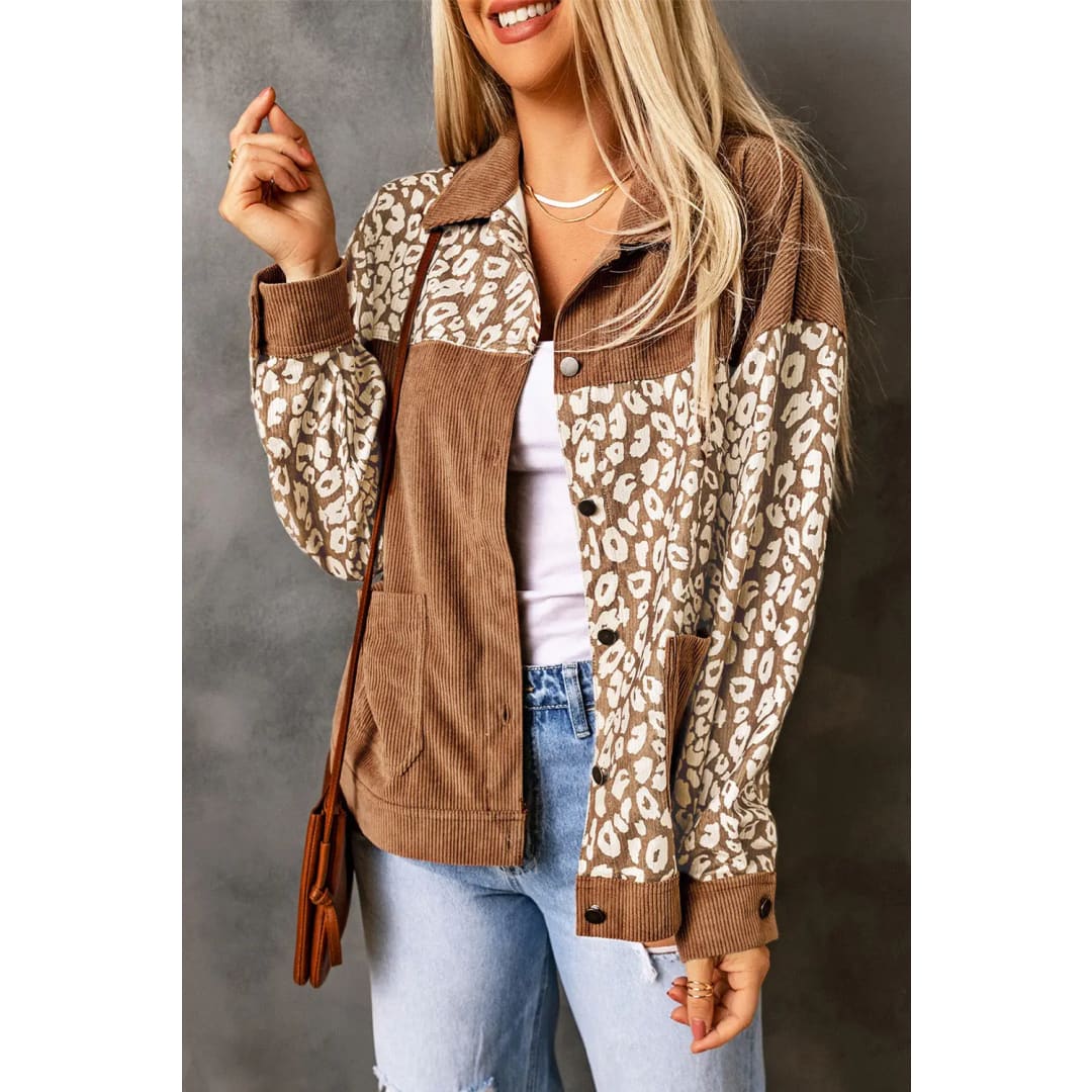 Brown Leopard Print Corduroy Long Sleeve Jacket | Fashionfitz