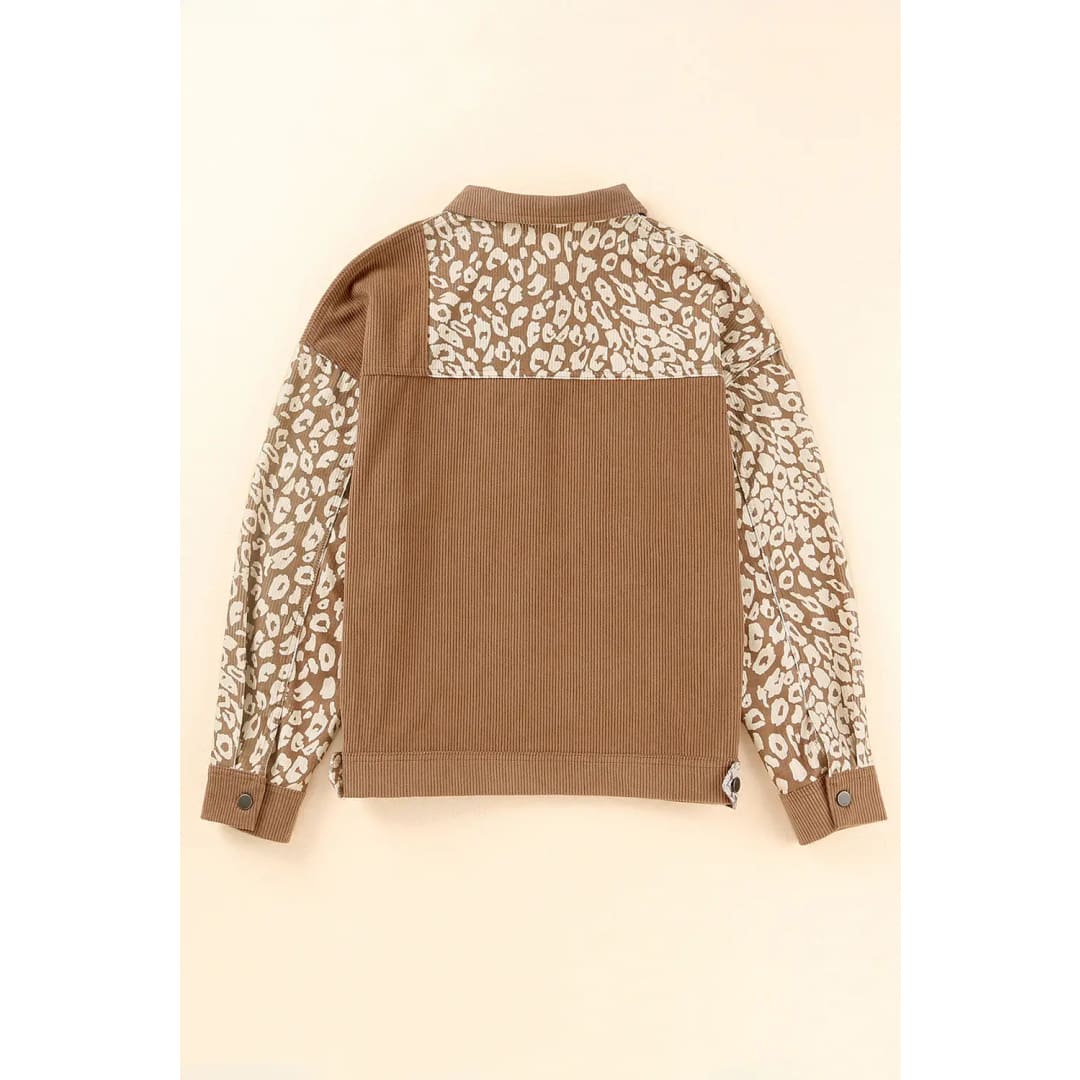 Brown Leopard Print Corduroy Long Sleeve Jacket | Fashionfitz