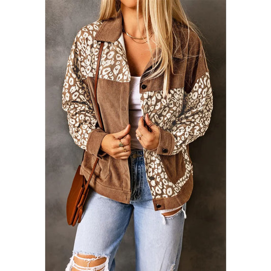 Brown Leopard Print Corduroy Long Sleeve Jacket | Fashionfitz