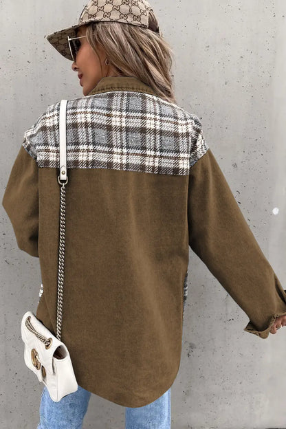 Brown Plaid Patchwork Denim Jacket-1