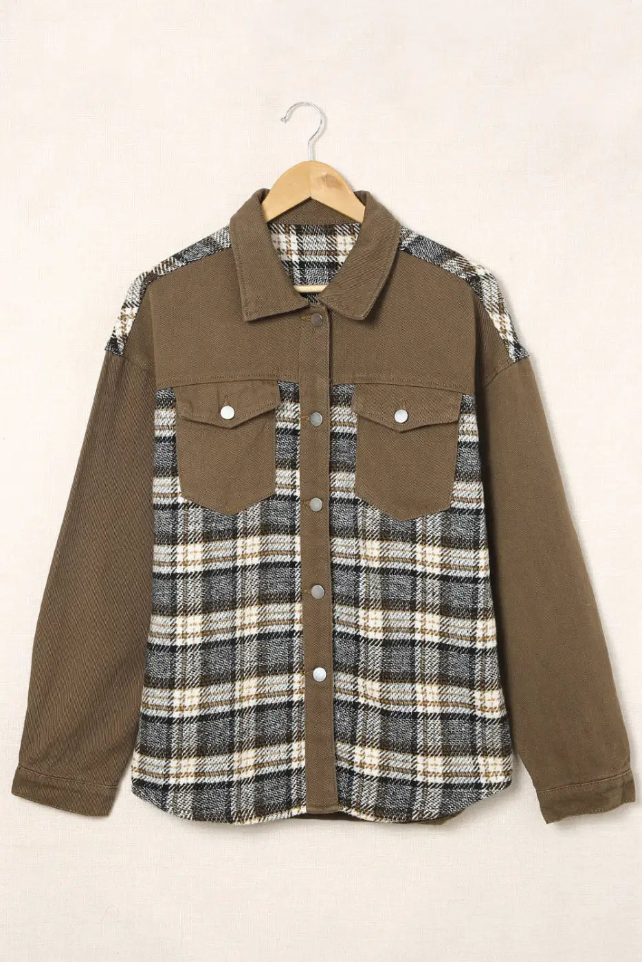 Brown Plaid Patchwork Denim Jacket-4