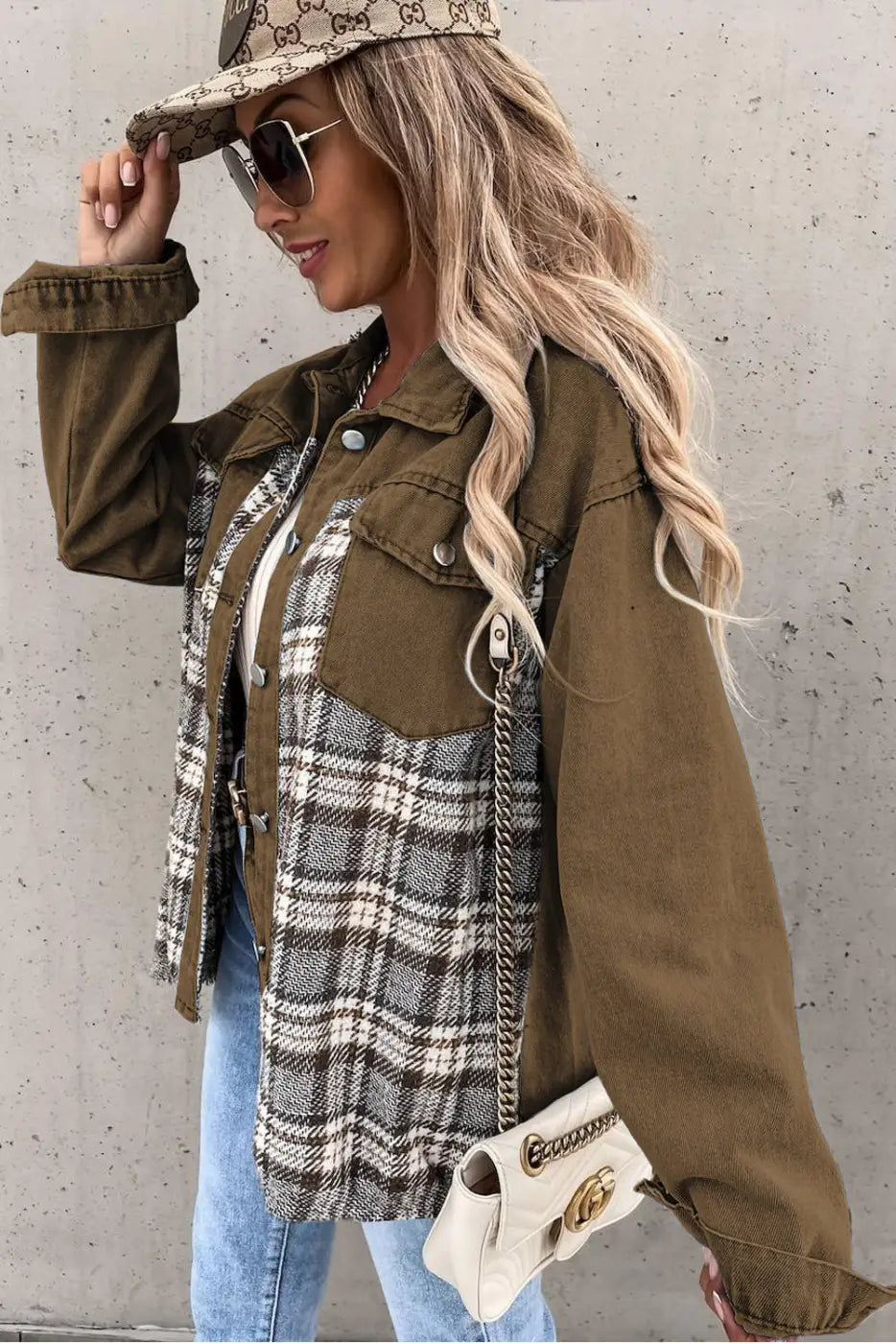 Brown Plaid Patchwork Denim Jacket-2