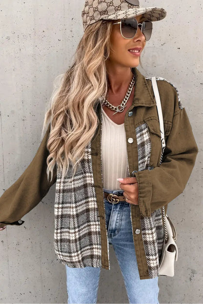 Brown Plaid Patchwork Denim Jacket-3