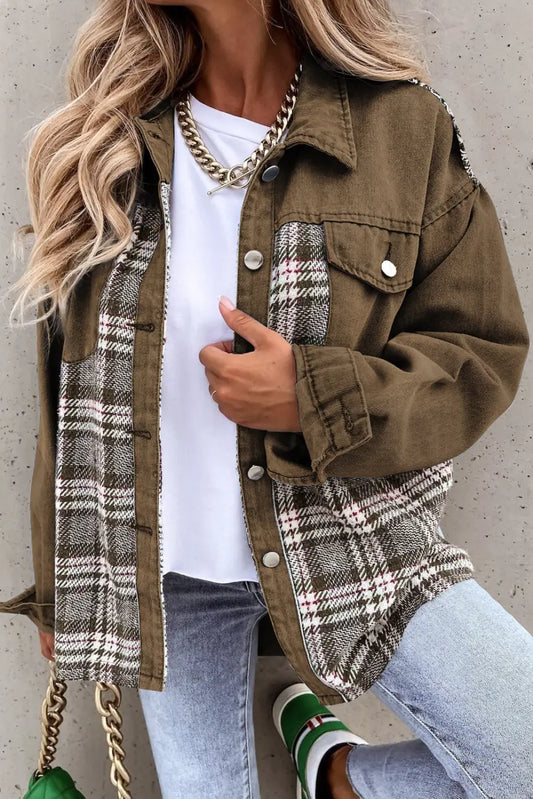 Brown Plaid Patchwork Denim Jacket-0