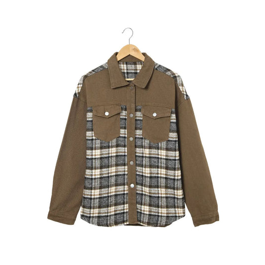 Brown Plaid Patchwork Pockets Denim Jacket | Fashionfitz