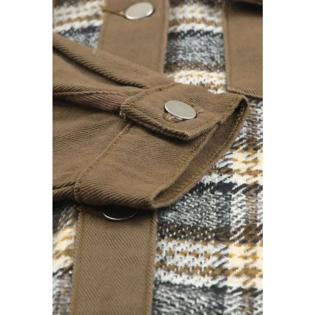 Brown Plaid Patchwork Pockets Denim Jacket | The Urban Clothing Shop™