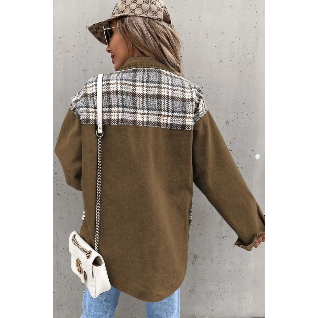 Brown Plaid Patchwork Pockets Denim Jacket | The Urban Clothing Shop™