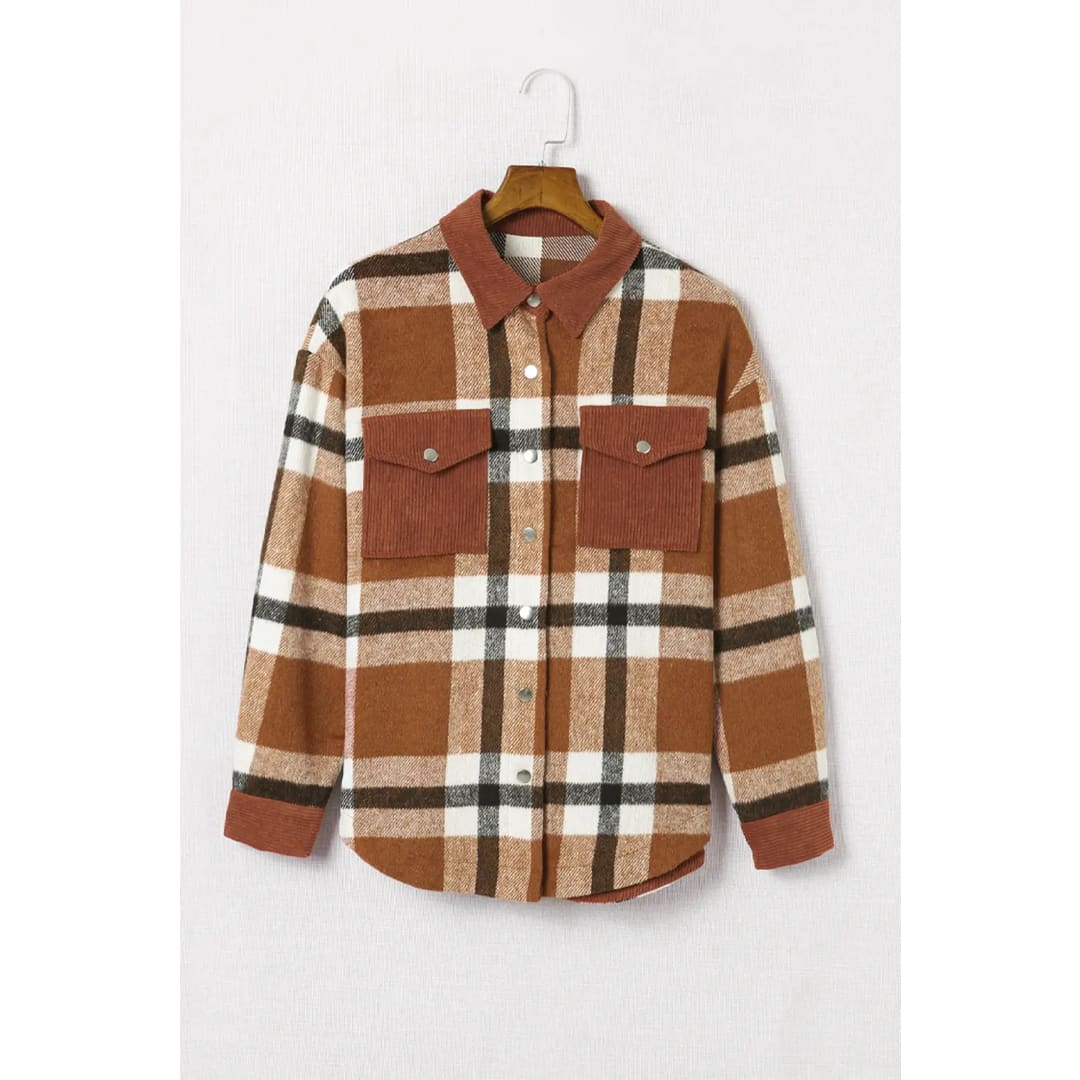 Brown Pocketed Buttoned Plaid Shirt Jacket | Fashionfitz