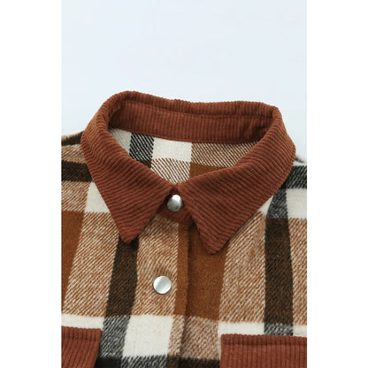 Brown Pocketed Buttoned Plaid Shirt Jacket | Fashionfitz