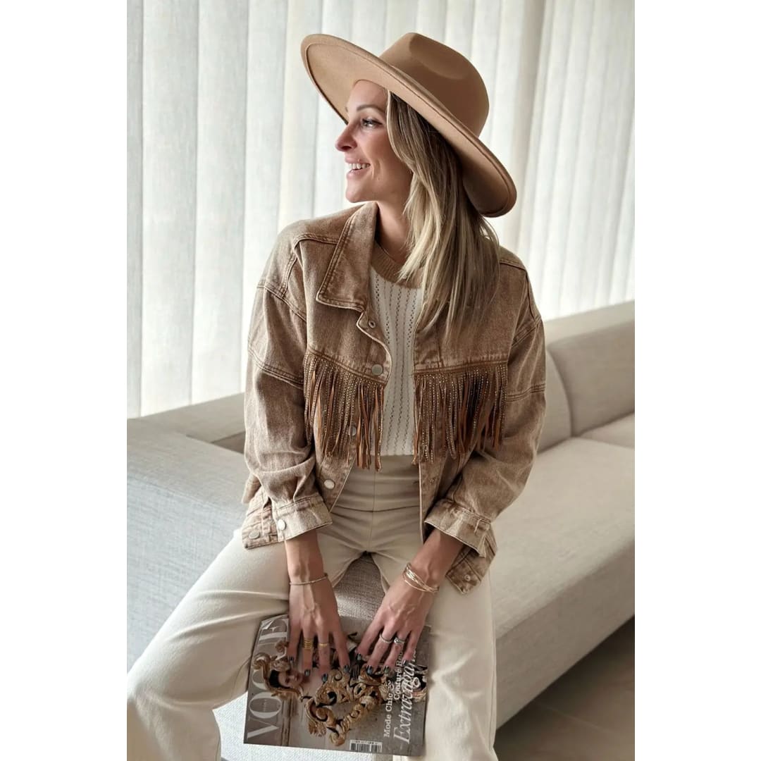 Brown Rhinestone Fringed Cowgirl Fashion Denim Jacket | Fashionfitz