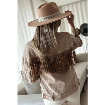 Brown Rhinestone Fringed Cowgirl Fashion Denim Jacket | Fashionfitz