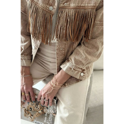 Brown Rhinestone Fringed Cowgirl Fashion Denim Jacket | Fashionfitz