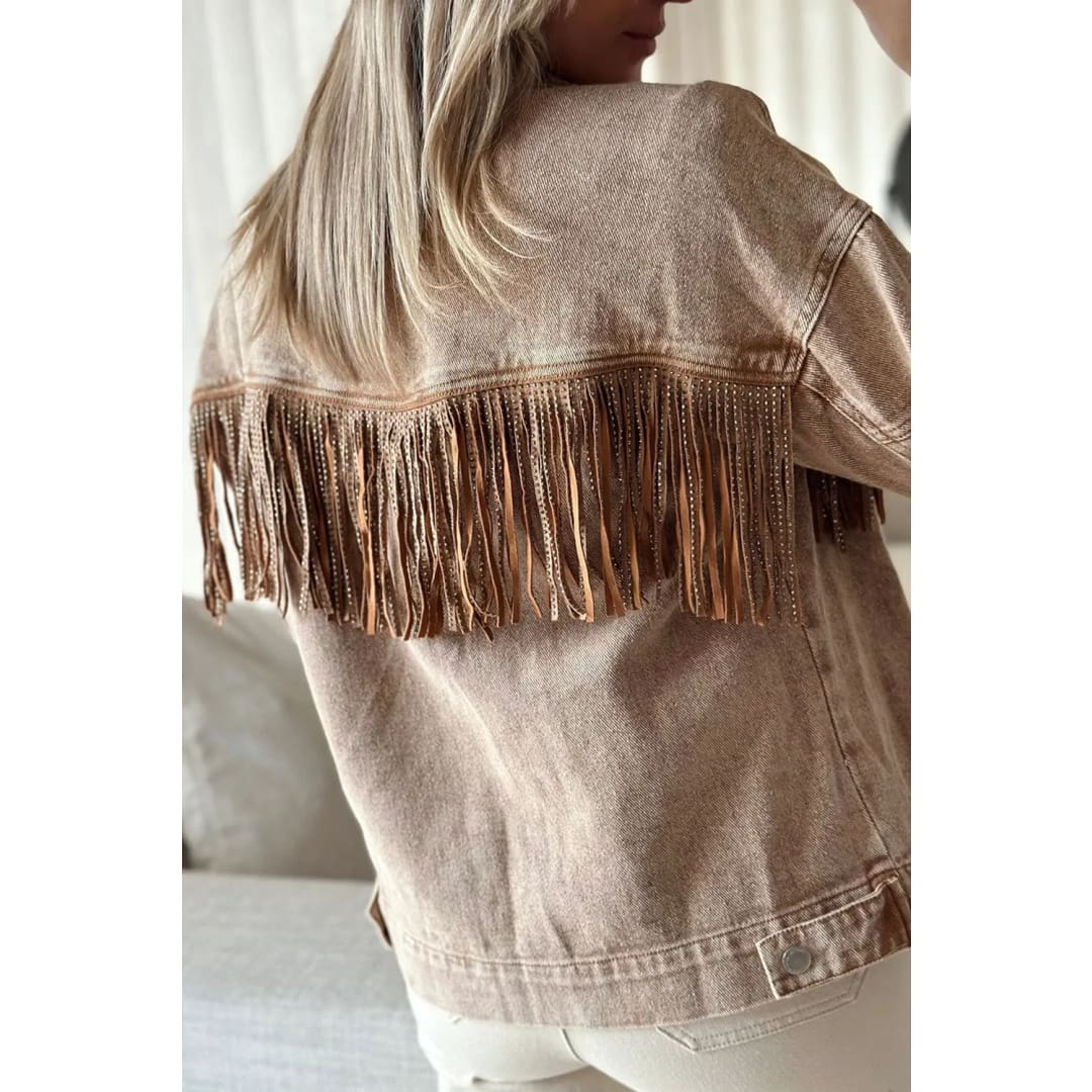 Brown Rhinestone Fringed Cowgirl Fashion Denim Jacket | Fashionfitz