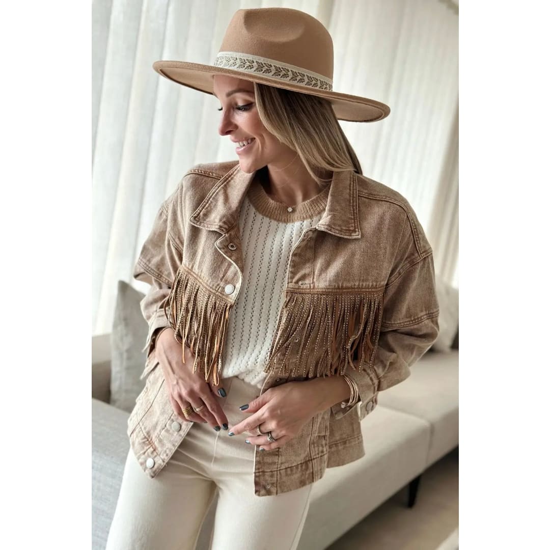 Brown Rhinestone Fringed Cowgirl Fashion Denim Jacket | Fashionfitz