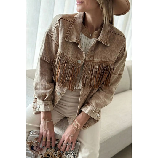 Brown Rhinestone Fringed Cowgirl Fashion Denim Jacket | Fashionfitz