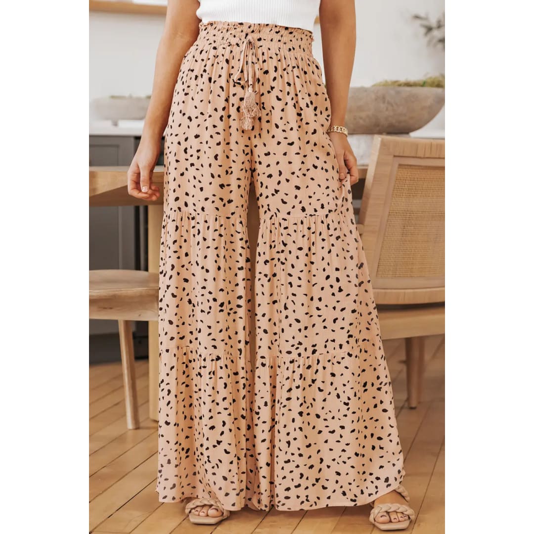 Brown Ruffle Wide Leg Dalmatian Palazzo Pants | Fashionfitz