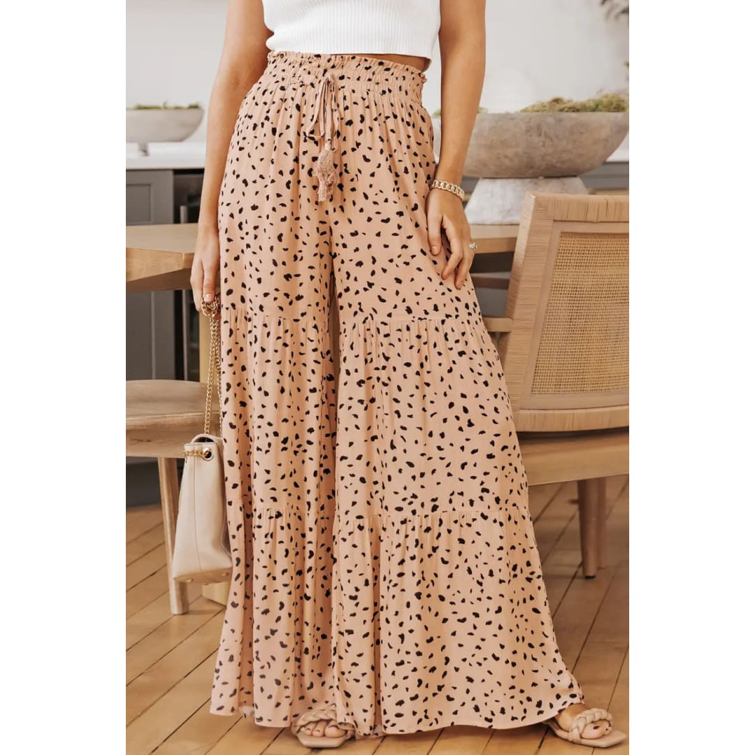 Brown Ruffle Wide Leg Dalmatian Palazzo Pants | Fashionfitz