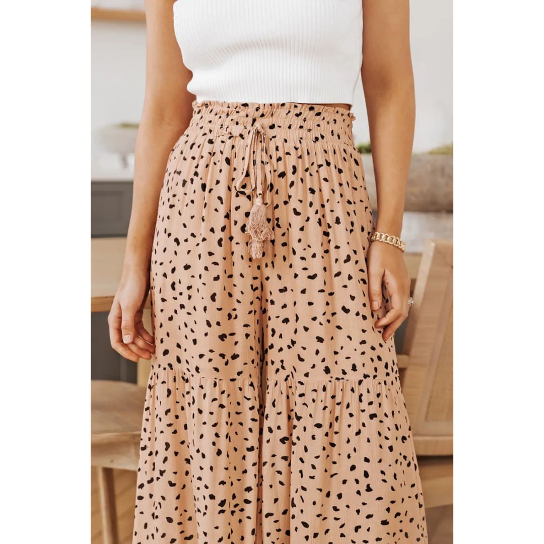 Brown Ruffle Wide Leg Dalmatian Palazzo Pants | Fashionfitz