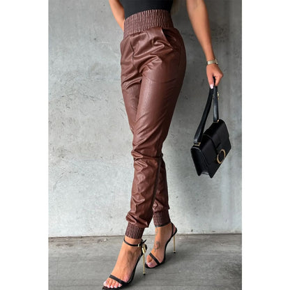 Brown Smocked High-Waist Leather Skinny Pants | Fashionfitz