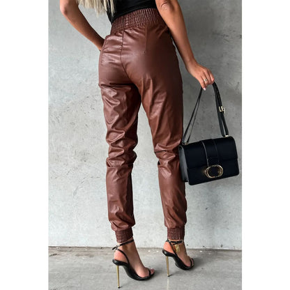 Brown Smocked High-Waist Leather Skinny Pants | Fashionfitz