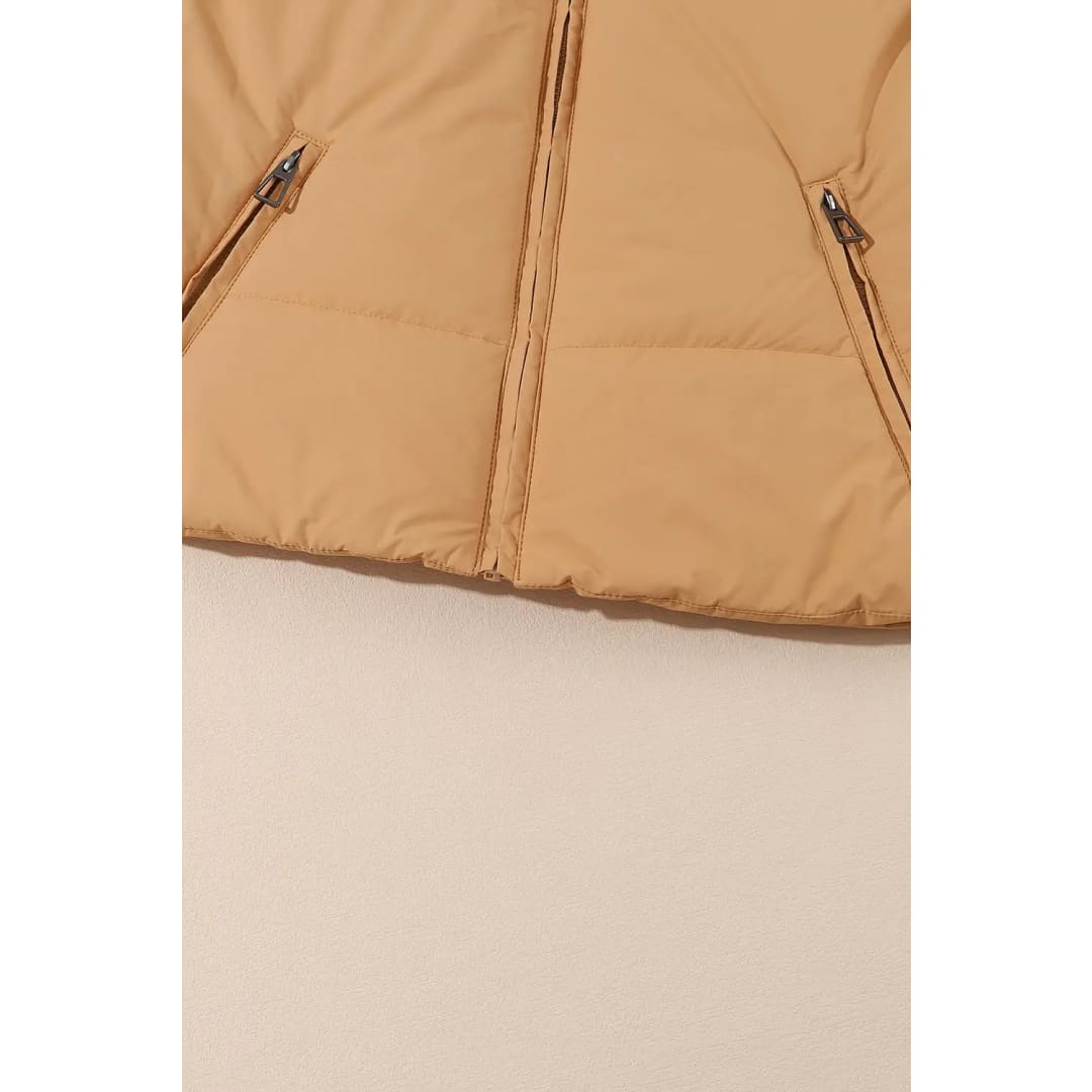 Brown Zip Up Pocketed Puffer Coat | Fashionfitz