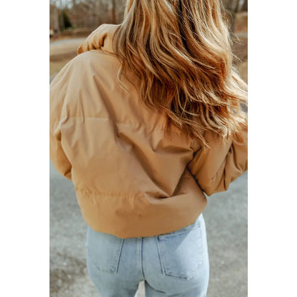 Brown Zip Up Pocketed Puffer Coat | Fashionfitz