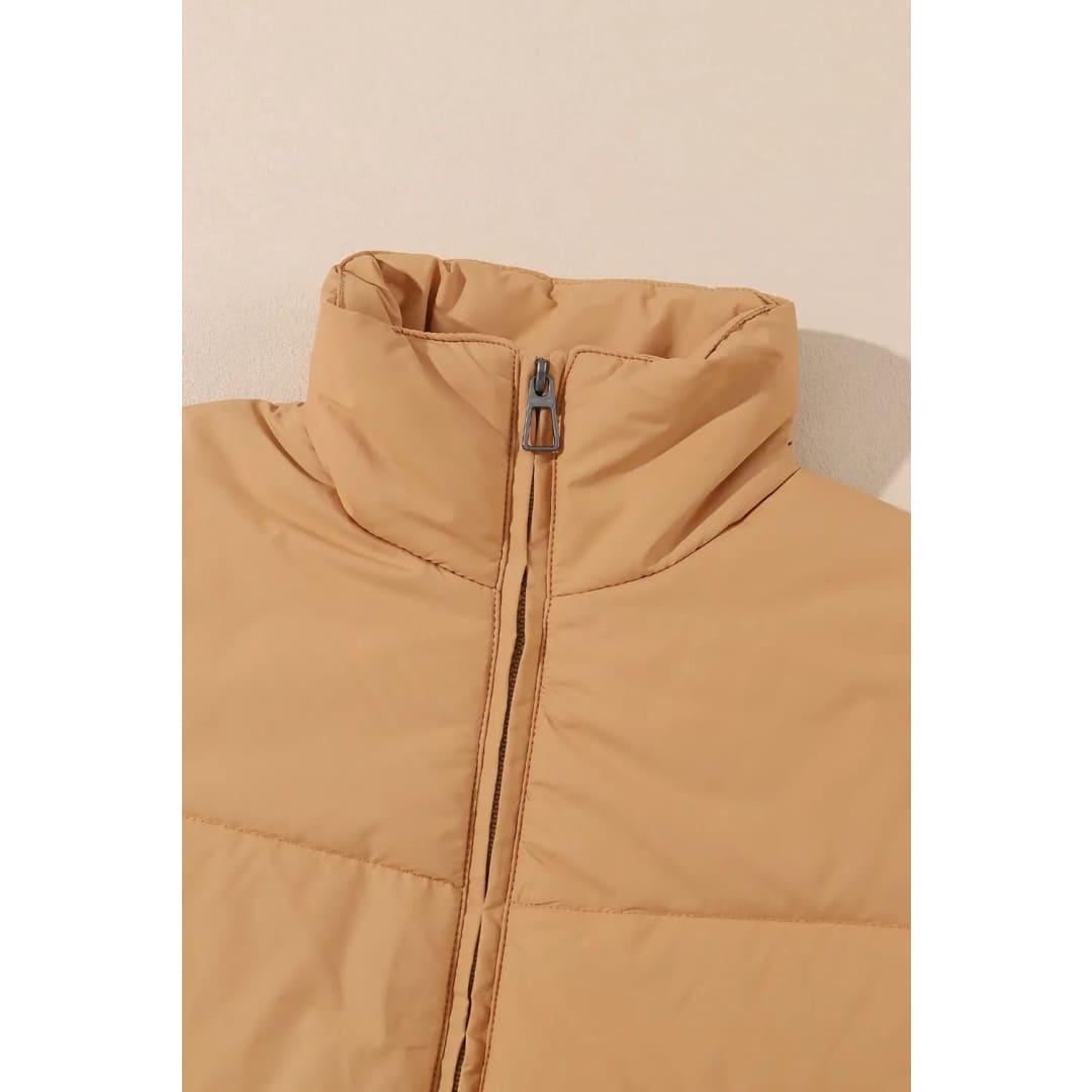 Brown Zip Up Pocketed Puffer Coat | Fashionfitz