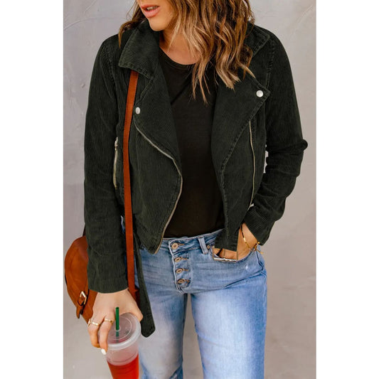 Buckle Belted Zip Up Corduroy Jacket | Fashionfitz