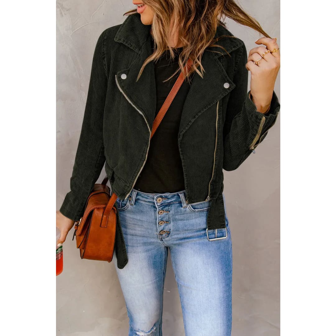 Buckle Belted Zip Up Corduroy Jacket | Fashionfitz