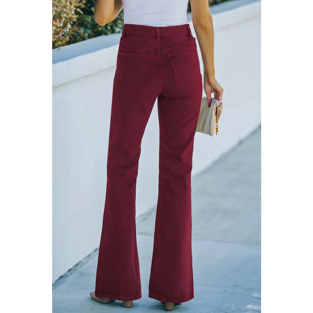 Burgundy High Waist Flare Jeans with Pockets | The Urban Clothing Shop™