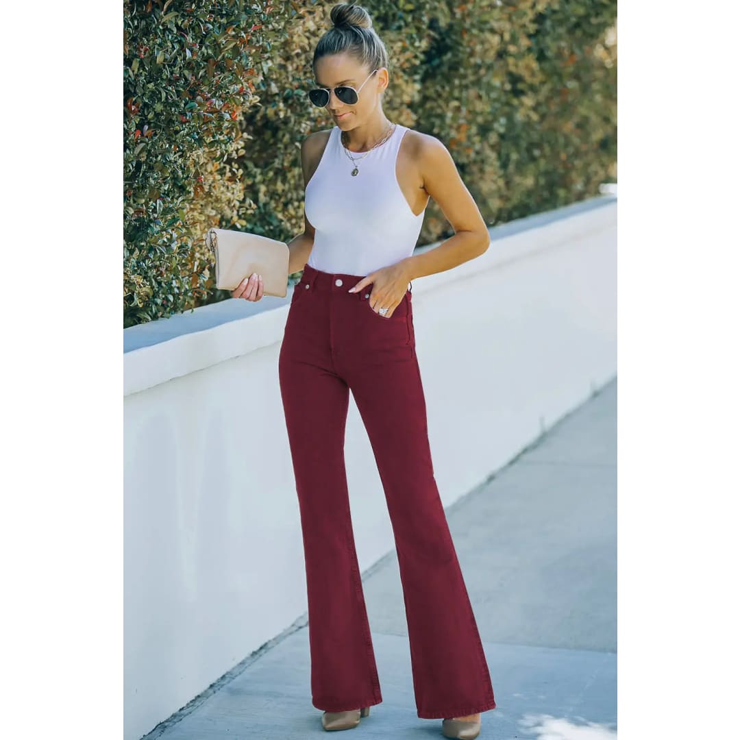 Burgundy High Waist Flare Jeans with Pockets | The Urban Clothing Shop™