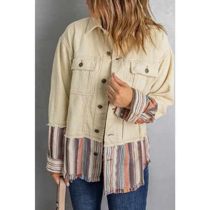 Button Up Pockets Striped Color Block Corduroy Jacket | Fashionfitz